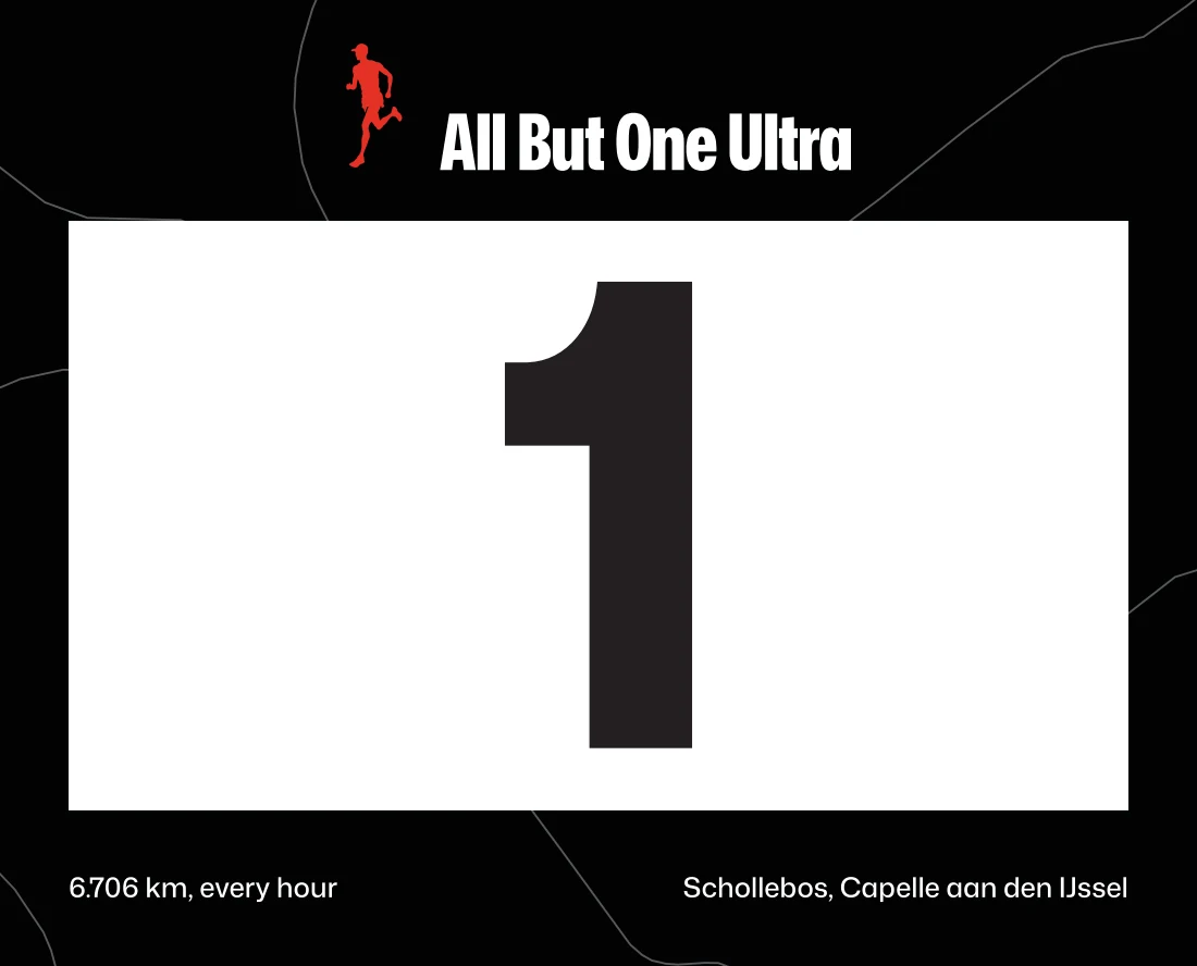 Race bib number 1: black, with the red runner and the name All But One Ultra at the top, the number in a white window, and a thin grey line tracing the race loop.